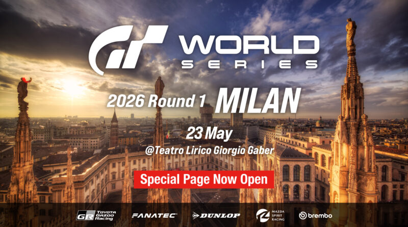 Arte oficial da Gran Turismo World Series 2026 anunciando a etapa de Milão em 23 de maio