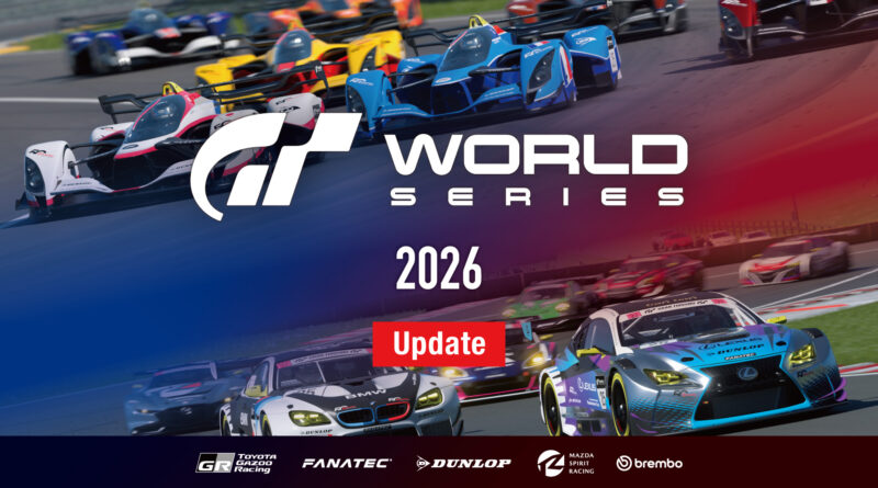 Arte oficial da Gran Turismo World Series 2026 com carros de competição e os logotipos GT World Series e Update