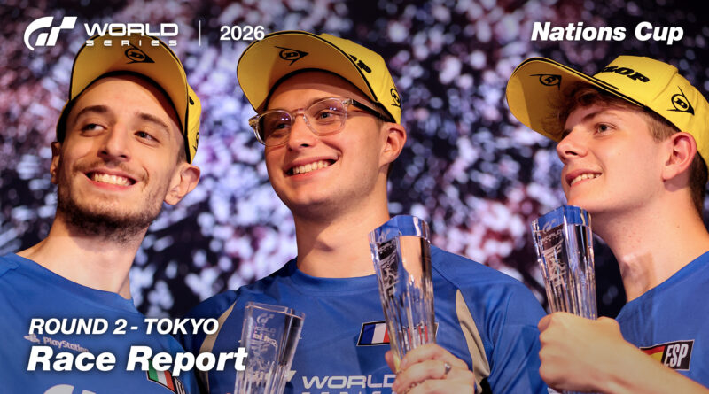 Valerio Gallo, Kylian Drumont e Samuel Moreno Baeza no pódio da Nations Cup da GTWS 2026 em Tóquio