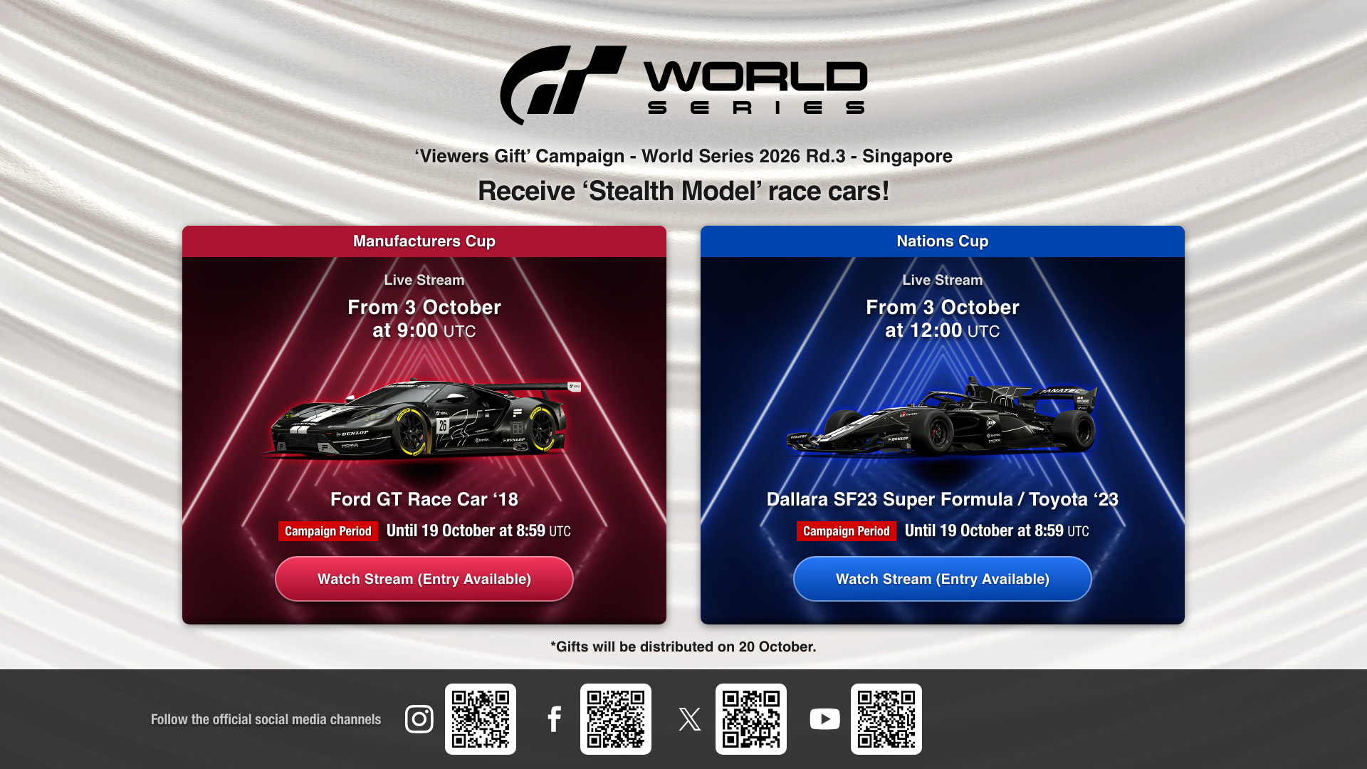 Arte oficial da campanha de espectadores da GTWS de Singapura, com o Ford GT Race Car 2018 e o SF23 Super Formula Toyota 2023 Stealth Model