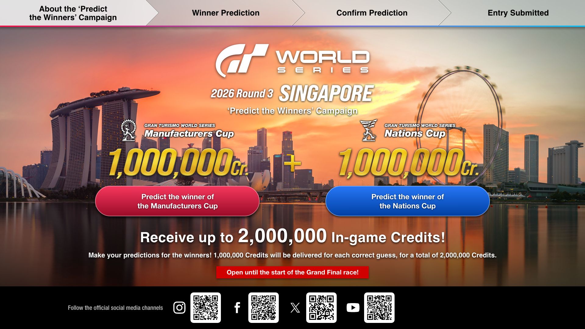 Arte oficial da campanha de palpites da GTWS em Singapura, com premiação de até 2 milhões de créditos no GT7